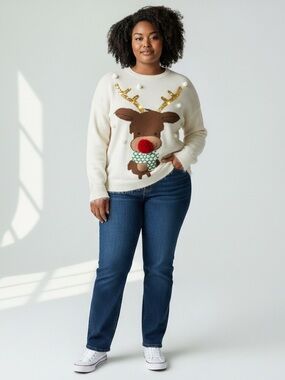 RED HERRING Ivory Reindeer Knit Christmas Jumper - UK 20/US 16